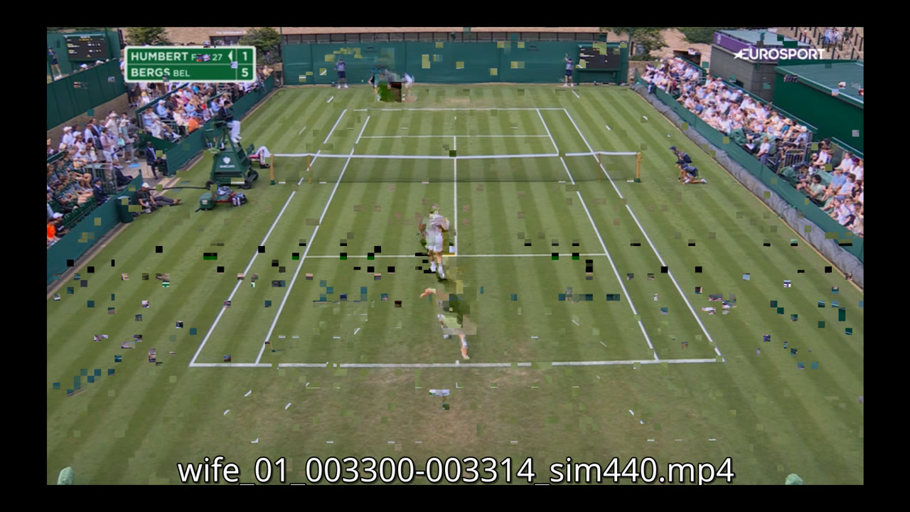 Frame from a stream-copied clip: the tennis court is covered in drifting macroblock artifacts because the clip starts mid-GOP, before a keyframe