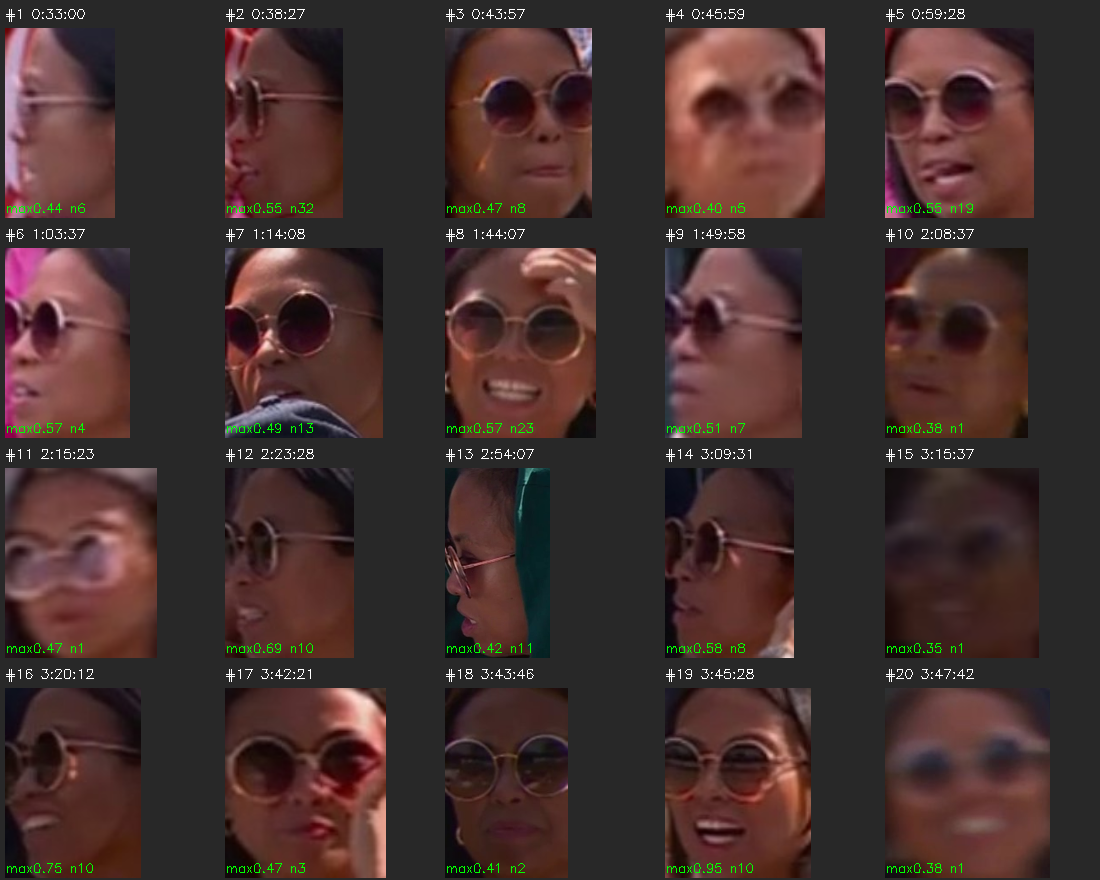Contact sheet of 20 candidate appearances: a grid of face crops from the broadcast, each labelled with its timestamp and best similarity score